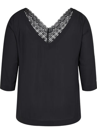 Bluse med 3/4 ærmer og blonderyg, Black, Packshot image number 1
