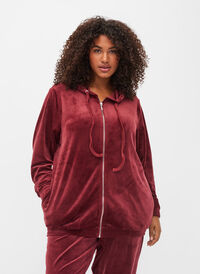 Velour cardigan med lynlås og hætte, Cabernet, Model