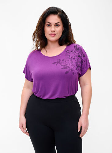 Kortærmet viskose t-shirt med blomsterprint, Grape Juice Flower, Model image number 0