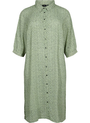 Prikket skjortekjole med 3/4 ærmer og slids, Seagrass Dot, Packshot image number 0