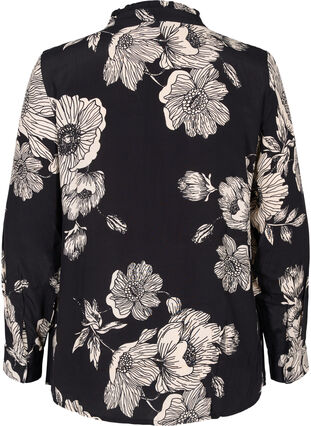 Blomstret viskoseskjorte med flæser, Black White AOP, Packshot image number 1