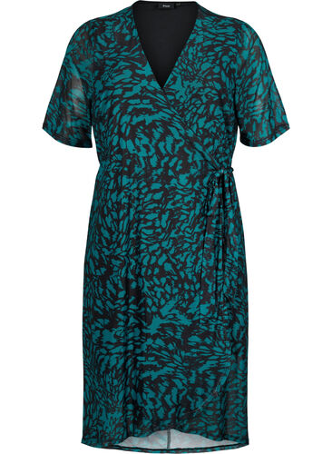 Printet midikjole med wrap, Black Green AOP, Packshot image number 0
