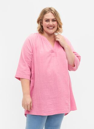 3/4 ærmet tunika i bomuld, Rosebloom, Model image number 0