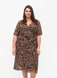 Printet midikjole med wrap, Black Brown AOP, Model