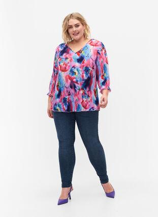 Plisseret bluse med 3/4 ærmer, Lavender Space AOP, Model image number 2