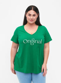 Bomulds t-shirt med teksttryk og v-hals, Jolly Green ORI, Model