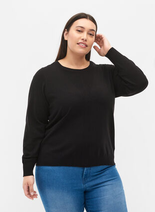 Ensfarvet strikbluse med ribdetaljer, Black, Model image number 0