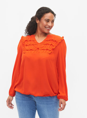 Langærmet bluse med flæsedetaljer, Orange.com, Model image number 0