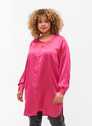 Lang shiny skjorte med slids, Pink Flambé, Model image number 0