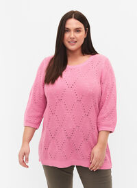Strikbluse med 3/4 ærmer og hulmønster, Begonia Pink, Model