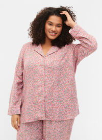 Bomulds natskjorte med blomsterprint, Powder Pink, Model