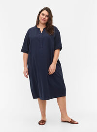 FLASH - Kortærmet midikjole i bomuld, Navy Blazer, Model