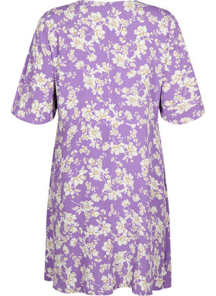 Kjole med 1/2 ærmer og blomsterprint i viskose, Purple Flower AOP, Packshot image number 1