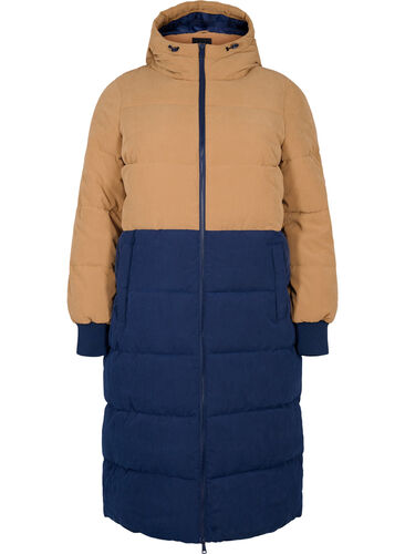 Lang vinterjakke med color-block, Tobacco Brown w/navy, Packshot image number 0