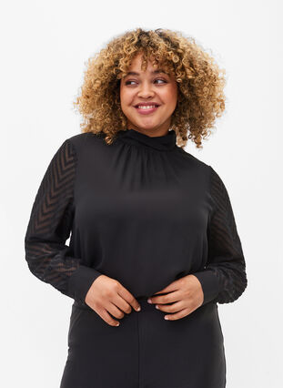 Højhalset bluse med lange transparente ærmer, Black, Model image number 0