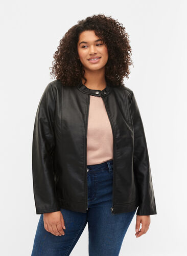 Imiteret skindjakke med lommer, Black, Model image number 0