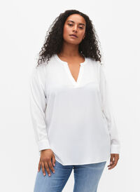 Langærmet bluse med blondedetalje , Bright White, Model