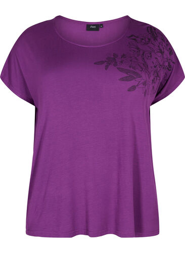Kortærmet viskose t-shirt med blomsterprint, Grape Juice Flower, Packshot image number 0