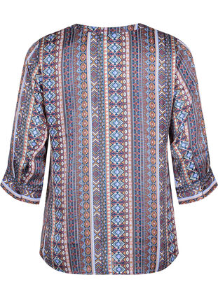 Bluse med print og 3/4 ærmer , Brown Blue Ethnic, Packshot image number 1
