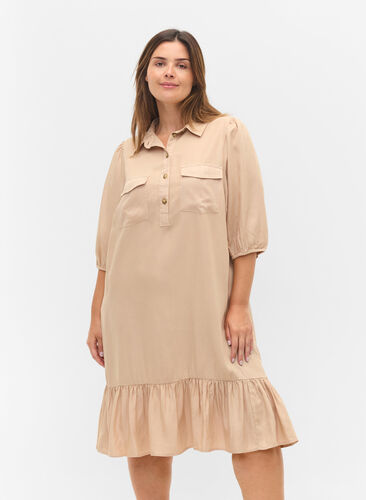 Kjole med flæsekant og 3/4 ærmer, Humus, Model image number 0