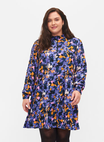 Blomstret viskose tunika med lynlås, Purple Flower AOP, Model image number 0