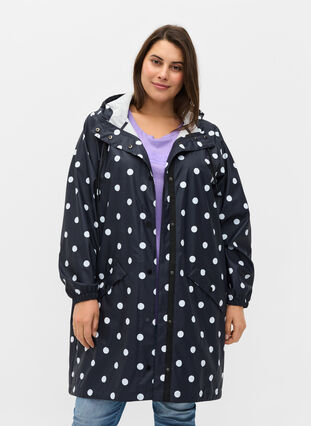 Mønstret regnjakke med hætte, Navy Blazer W/Dots, Model image number 0