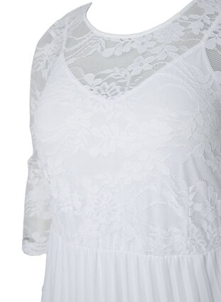 Plisseret kjole med blonder og 3/4 ærmer, Bright White, Packshot image number 2