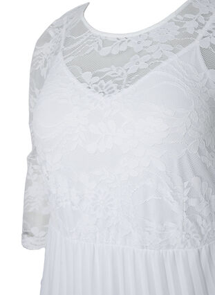 Plisseret kjole med blonder og 3/4 ærmer, Bright White, Packshot image number 2