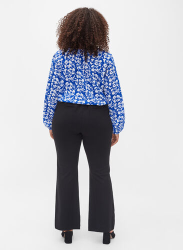 Langærmet bluse med blomsterprint og v-hals, Blue White Flower, Model image number 1