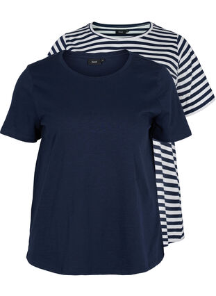 2-pak basis t-shirt i bomuld, Navy/Navy Stripe, Packshot image number 0