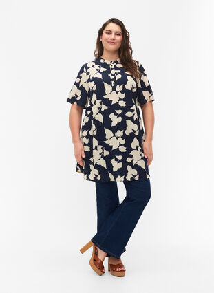 FLASH - Blomstret tunika med korte ærmer, Blue White Flower, Model image number 2