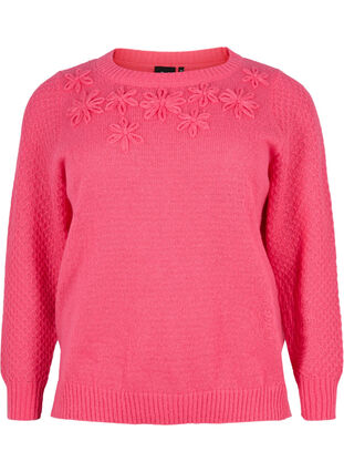 Strikbluse med blomsterdetalje, Hot Pink, Packshot image number 0