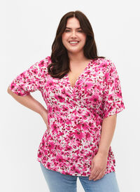 Blomstret viskosebluse med wrap, Pink Flower Rain, Model