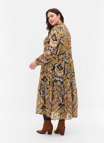 Printet midikjole med knapper, Yellow Aztec AOP, Model image number 1