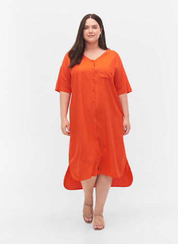 Kortærmet skjortekjole i viskose , Mandarin Red, Model image number 2