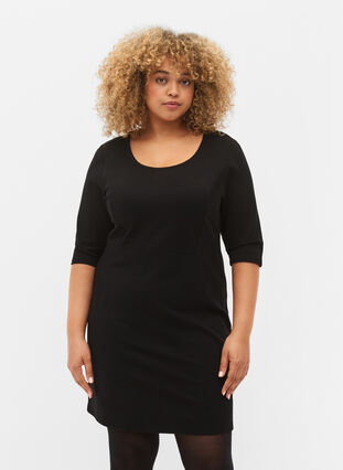 Ensfarvet kjole med 3/4 ærmer og slids, Black, Model image number 0
