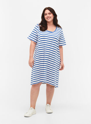 Stribet jerseykjole med korte ærmer, Blue Stripes, Model image number 2