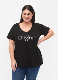 Bomulds t-shirt med teksttryk og v-hals, Black ORI, Model