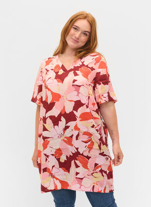 Blomstret viskose tunika med korte ærmer, Bordeaux Flower AOP, Model image number 0
