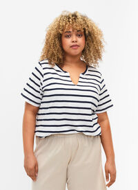 Stribet bomulds t-shirt med v-hals, Bright White Stripe, Model
