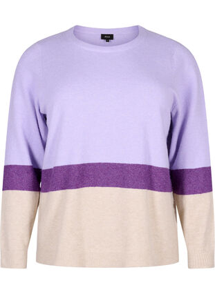 Stribet strikbluse med rund hals, Lavender Comb, Packshot image number 0