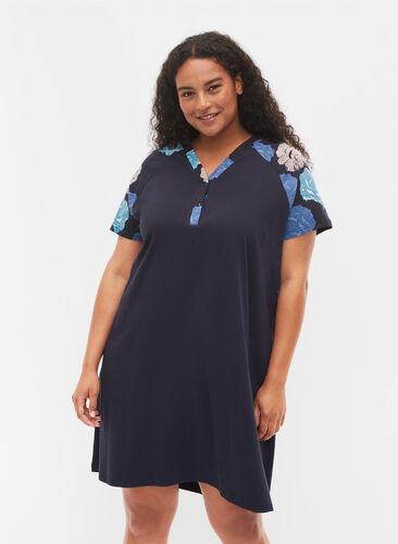 Kortærmet bomulds natkjole med printdetaljer, Blue Flower, Model image number 0