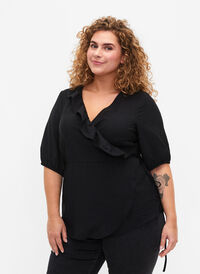 Wrap bluse i viskose med 1/2 ærmer, Black, Model