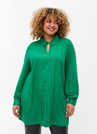 Langærmet viskose bluse med skjortekrave, Jolly Green, Model image number 0