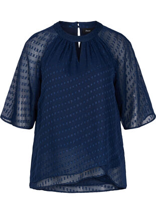 Bluse med 2/4 ærmer i mønstret chiffon, Evening Blue, Packshot image number 0