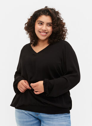 Viskosebluse med smock, Black, Model image number 0