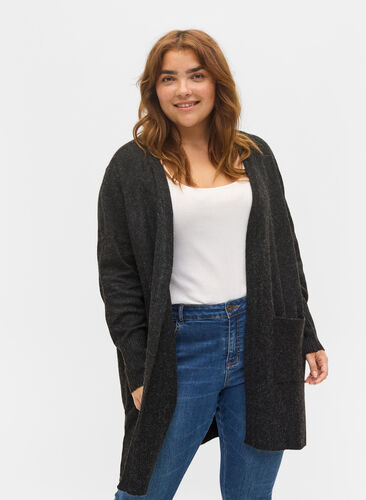 Meleret strik cardigan med lommer, Dark Grey Melange, Model image number 0