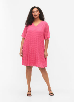 Kortærmet kjole med struktur, Shocking Pink, Model image number 2