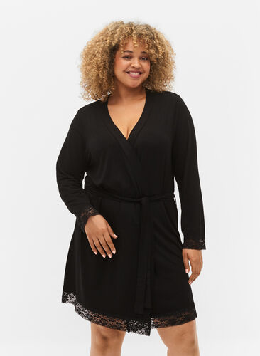 Morgenkåbe i viskose med blonder, Black, Model image number 0