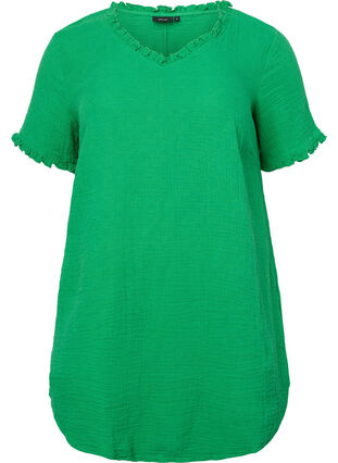 Kortærmet bomulds tunika med flæser., Bright Green, Packshot image number 0